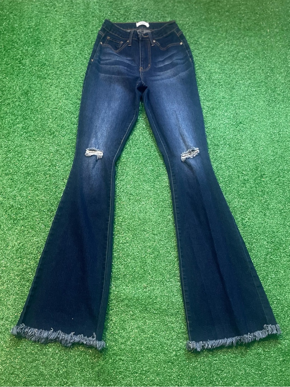 YMI Dark Blue Flare Jeans with Distressed Knees